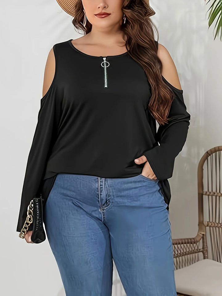 Cut-out Long Sleeves Zipper Detail Plus Size Shirts