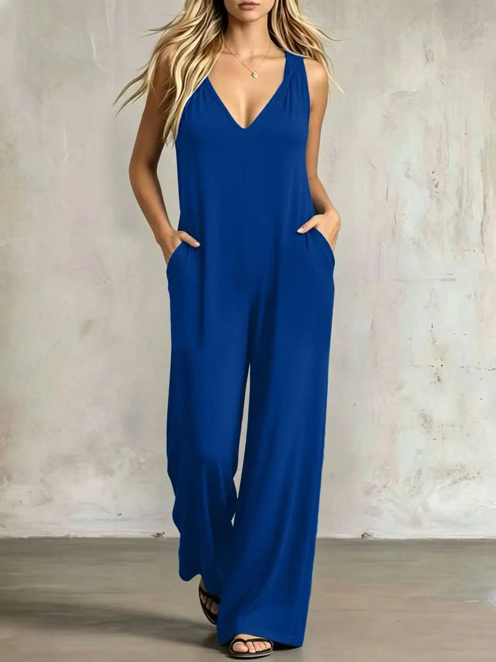 Women's sleeveless V-neck wide-leg jumpsuit, royal blue solid color