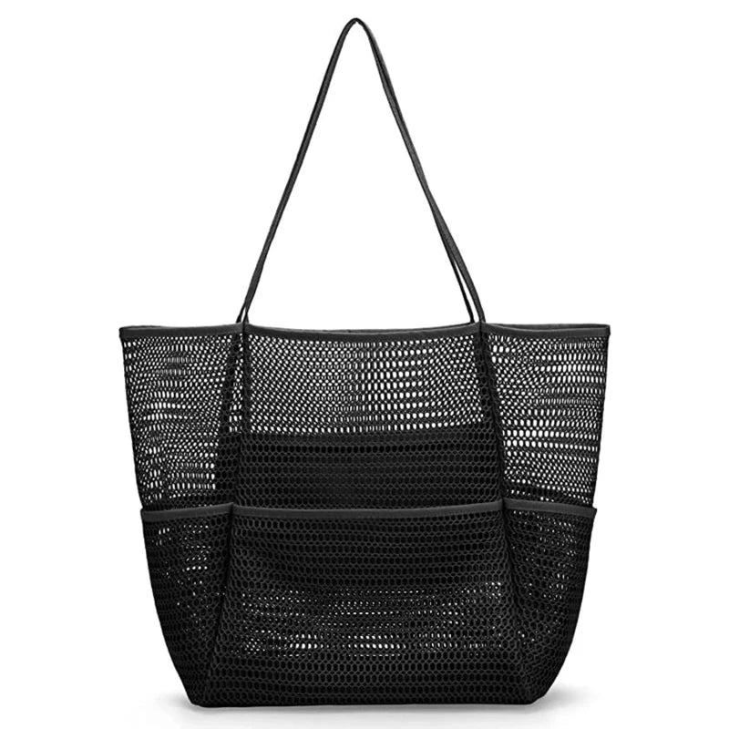 Breezy mesh travel tote in black, foldable large-capacity beach bag style