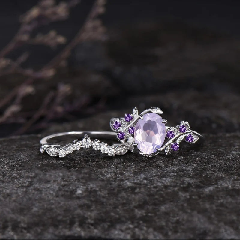 Stylish leaf branches shape purple zircon inlaid women's ring