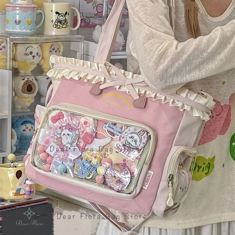 Y2K Lace Bow Transparent Tote — Sweet Lolita Patchwork Shoulder Bag With Insert