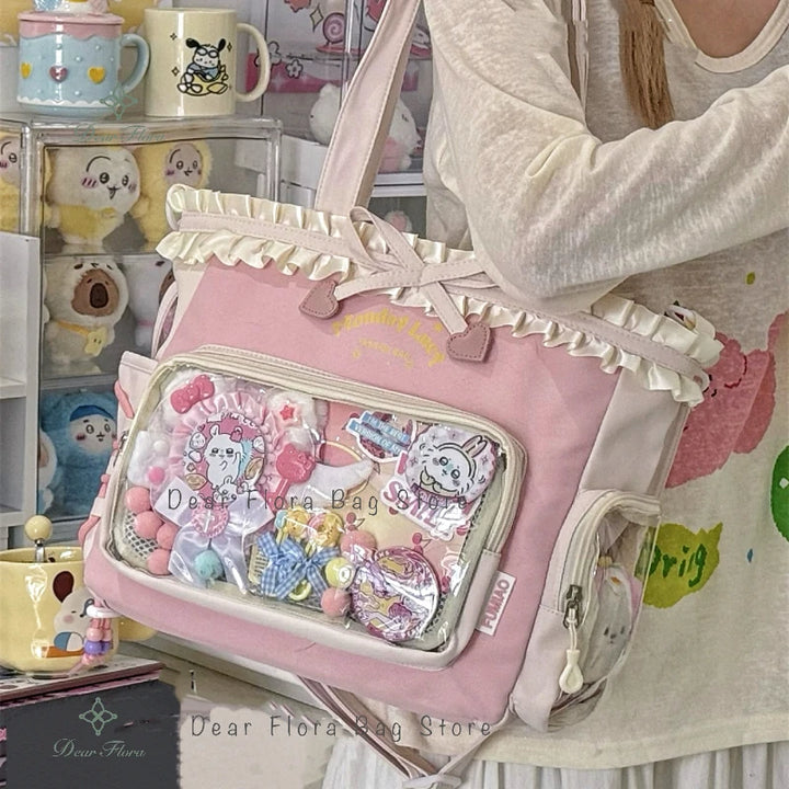 Y2K Lace Bow Transparent Tote — Sweet Lolita Patchwork Shoulder Bag With Insert