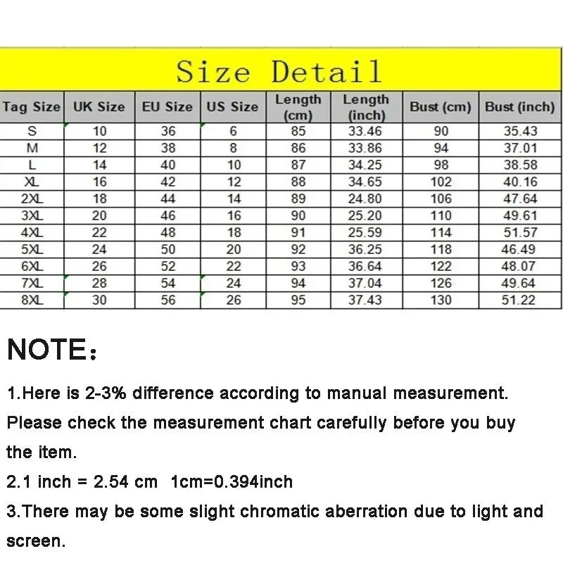 Size detail chart with measurements for various clothing sizes.