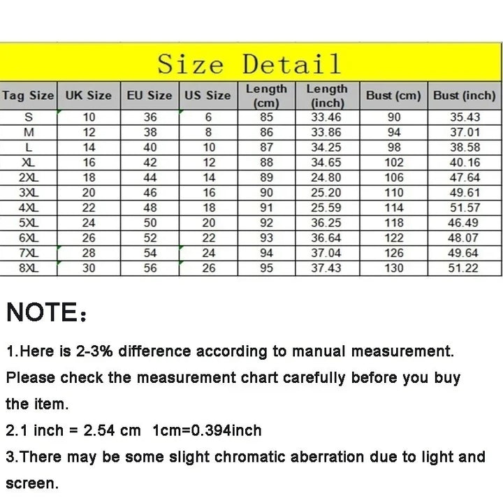 Size detail chart with measurements for various clothing sizes.