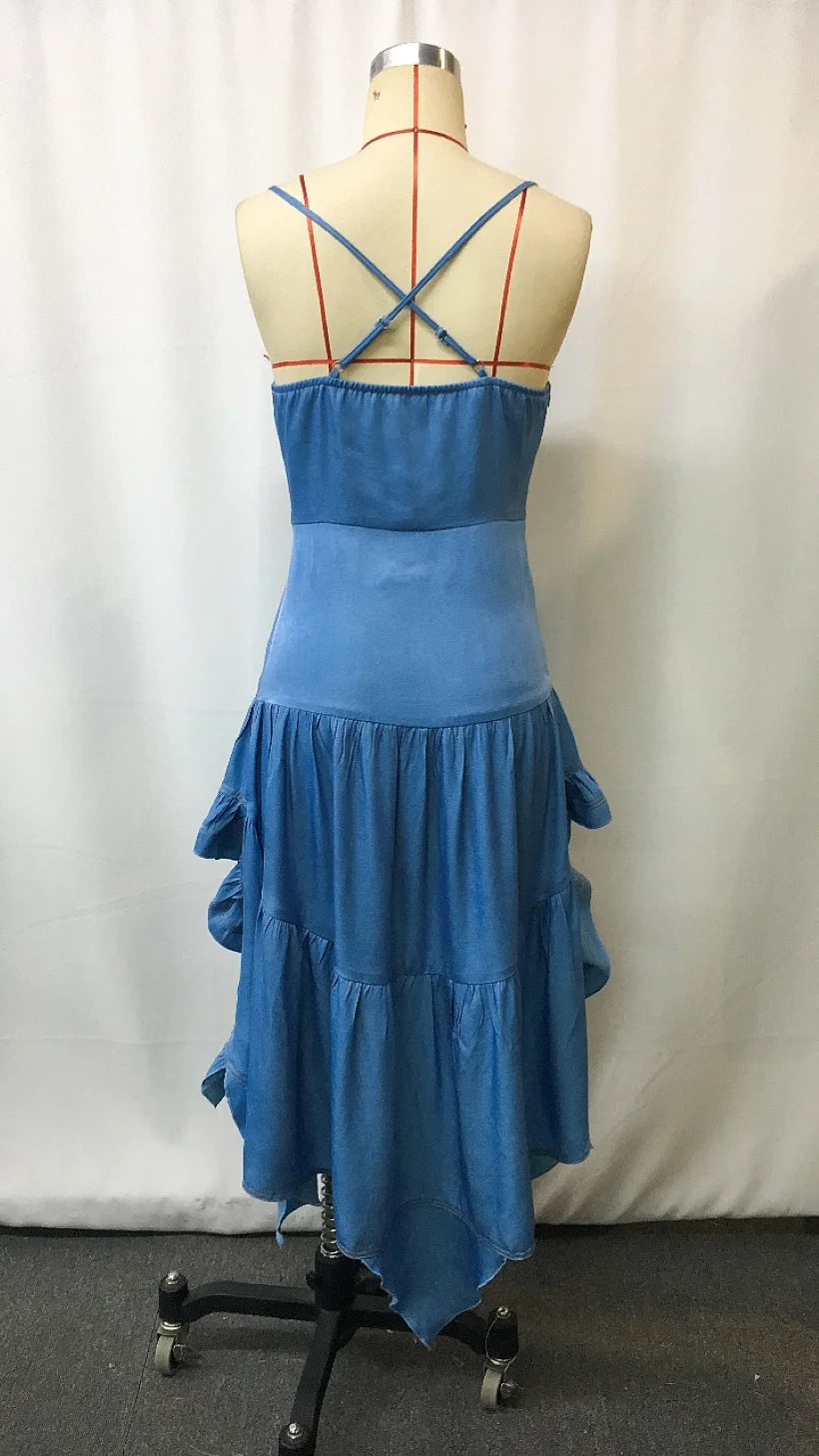 Women's Blue Denim Flowy Maxi Dress 60's Inspired 
