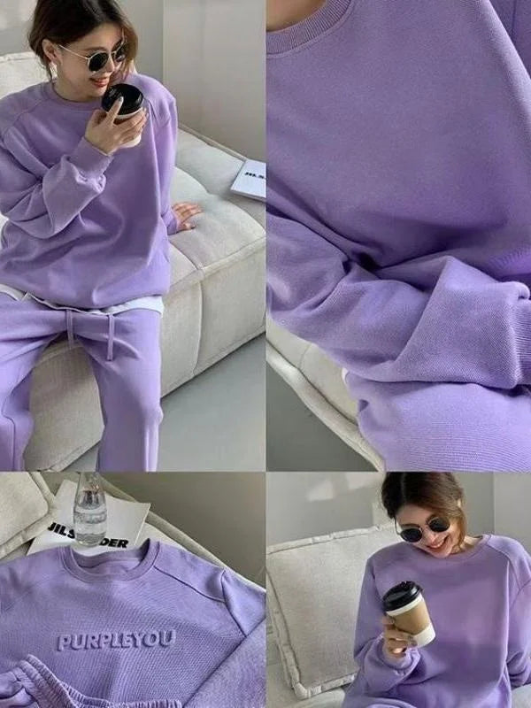 A woman models a matching lavender-purple sweatshirt and sweatpants set in a cozy indoor setting. The collage shows full-body views, close-up details of the fabric, and a flat-lay of the sweatshirt with 'PURPLEYOU' text on the chest.