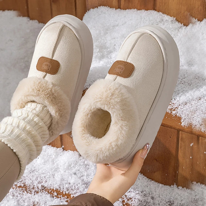 Women’s winter suede snow boots in light beige with plush sherpa lining, non-slip outsole