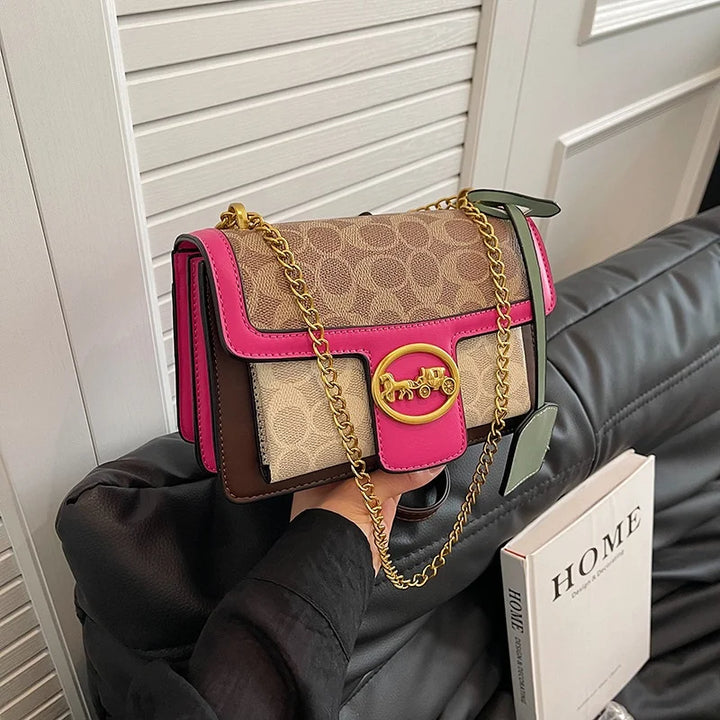 Glam Pop PU Leather Handbags With Gold Hardware & Chain