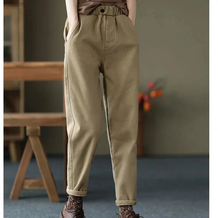 Women's Black Thin-Option Harem Pants Styled With Brown Lace-Up Boots