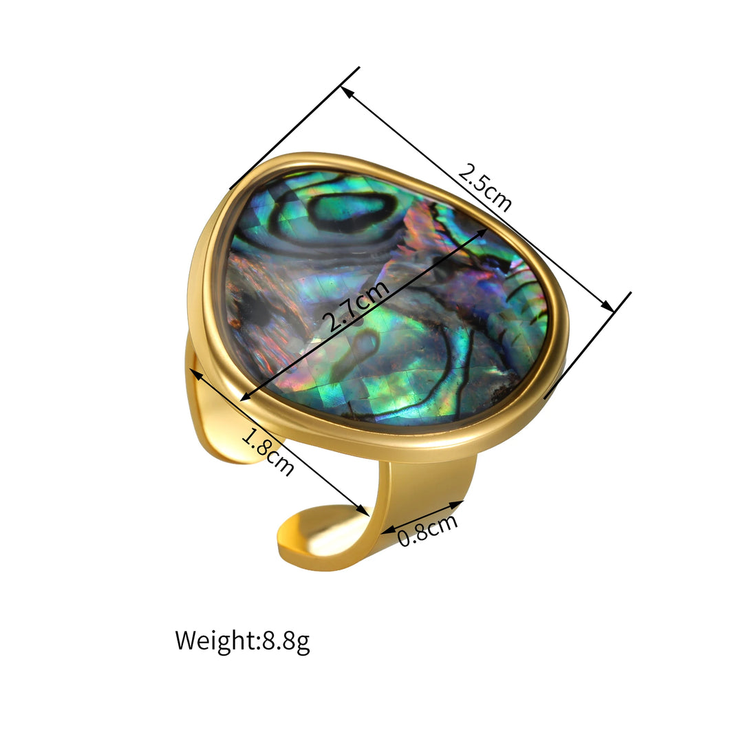 Gold oval abalone shell inlay open ring with split band, product dimensions shown