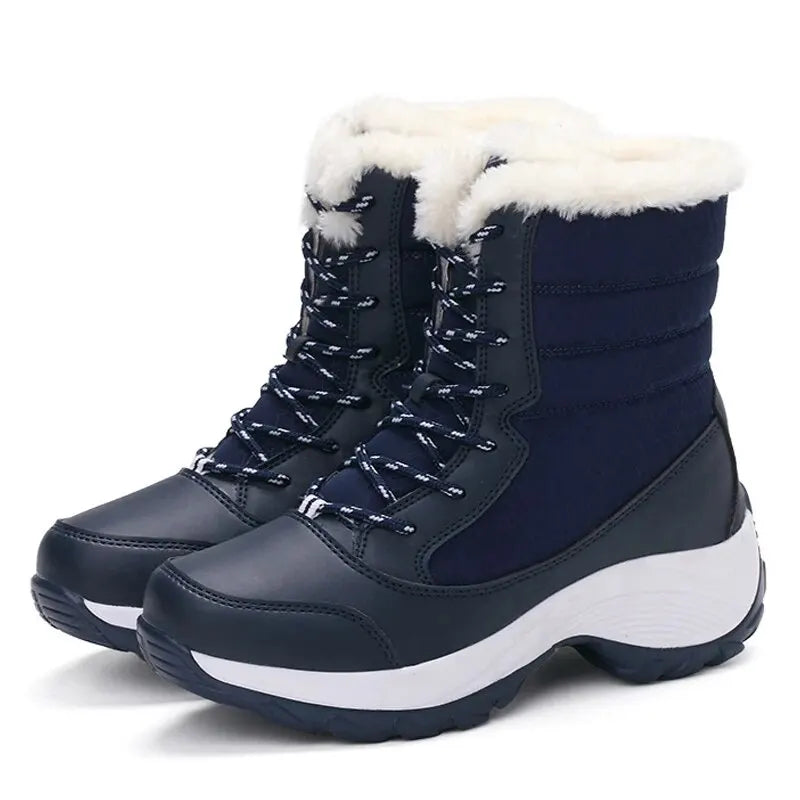 Women's lace-up winter snow boots, dark navy with white plush cuff and sole