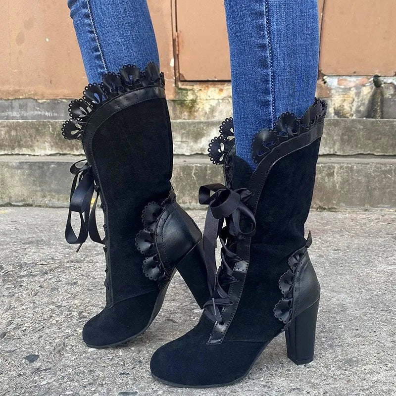 Lace Ruffles Leather Suede Square High Heel Boots