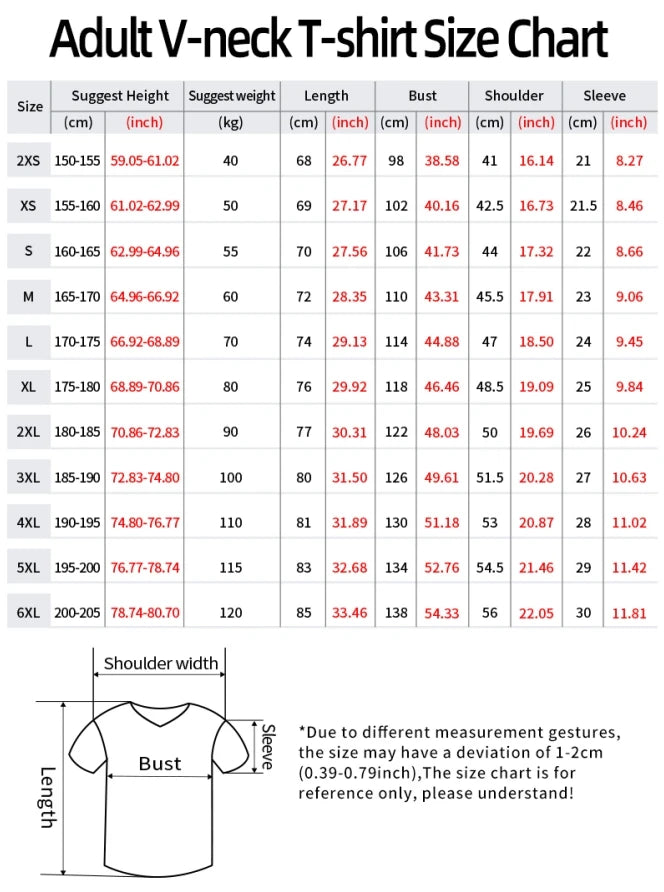 Size chart for adult V-neck T-shirts with measurements and dimensions.