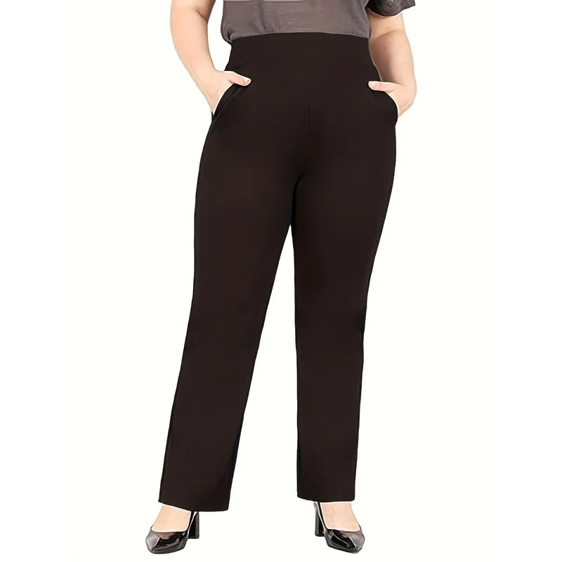 Front View Of Women's Plus Size Black Elastic Waist Pants With Pockets And Black Heels