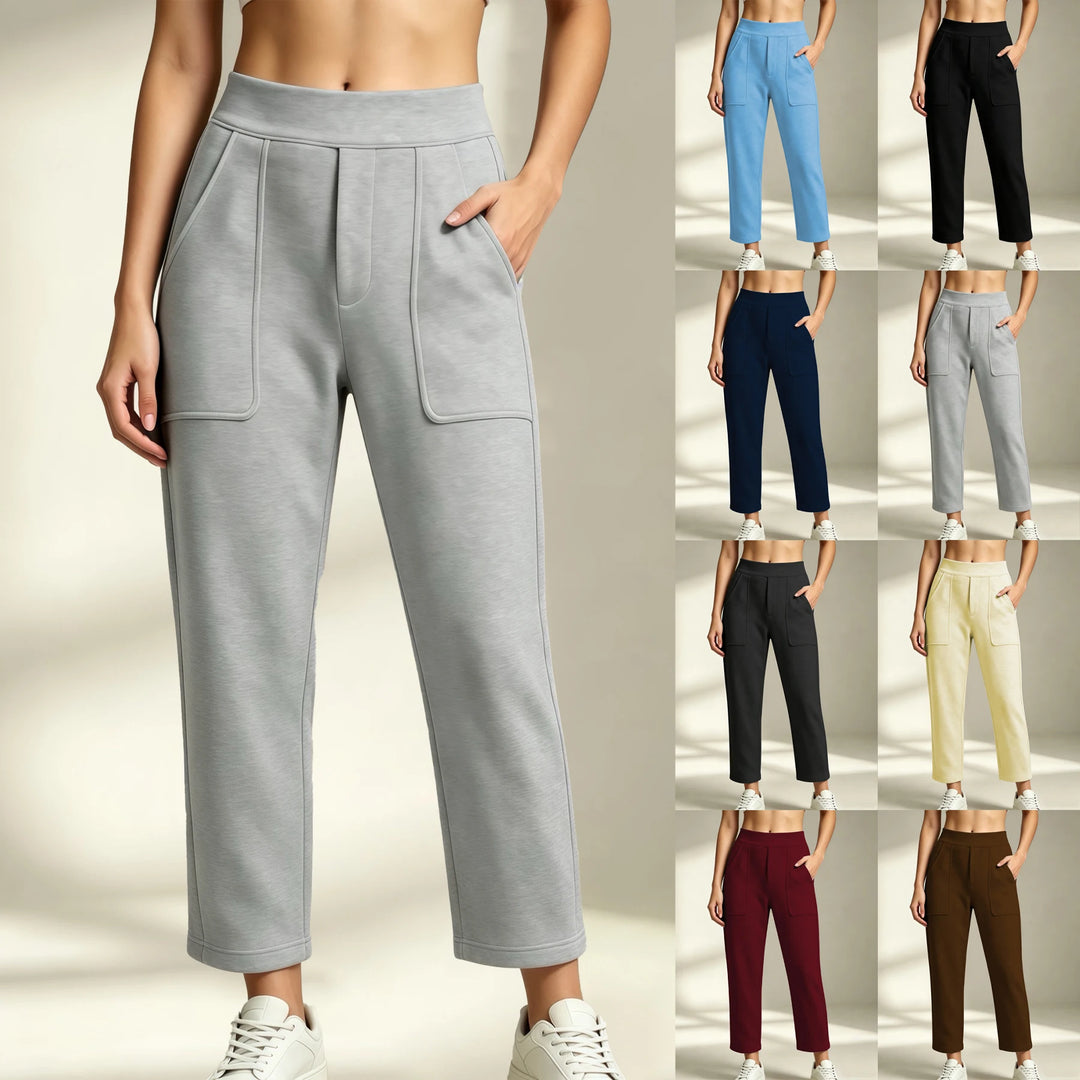 Women's straight-leg sweatpants in gray with an elastic waist and patch pockets; color options shown