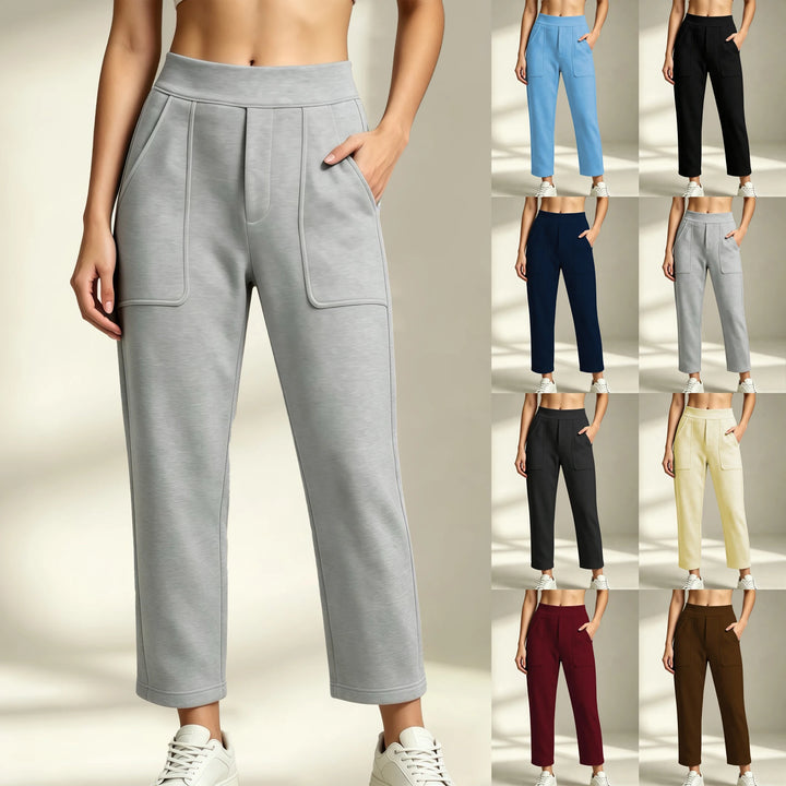 Women's straight-leg sweatpants in gray with an elastic waist and patch pockets; color options shown