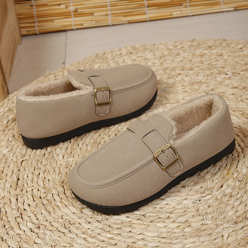 Beige slip-on loafer with gold buckle and short plush lining