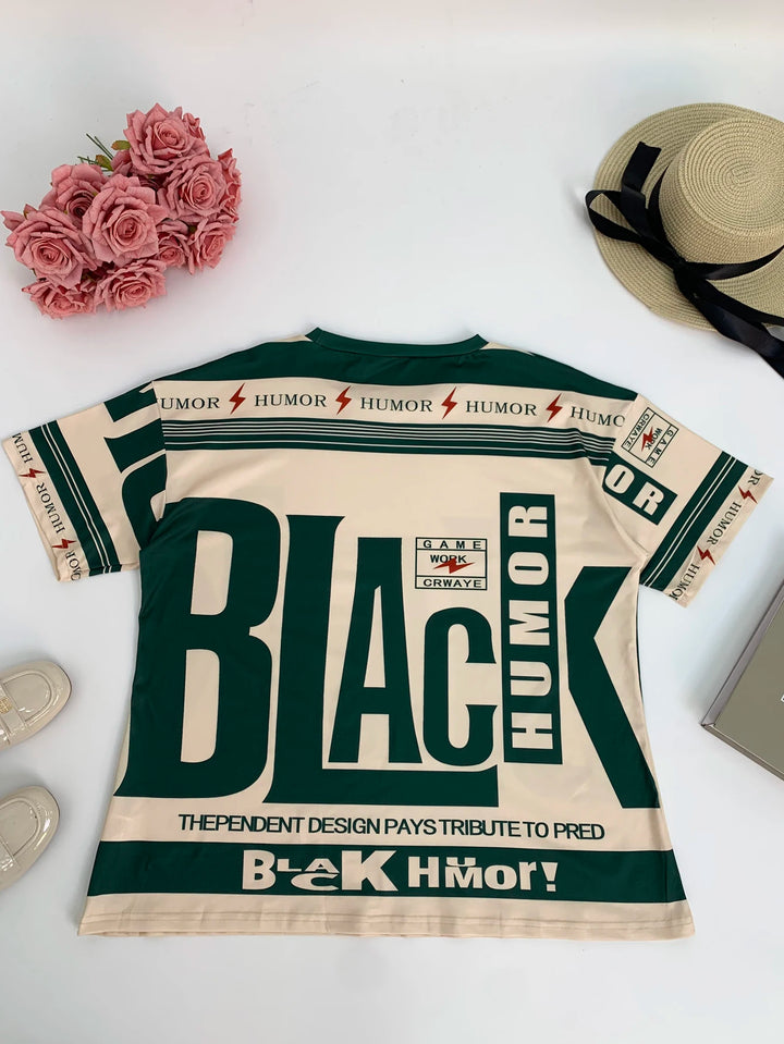 Plus-size knit T-shirt, front view with dark green stripes and large graphic print