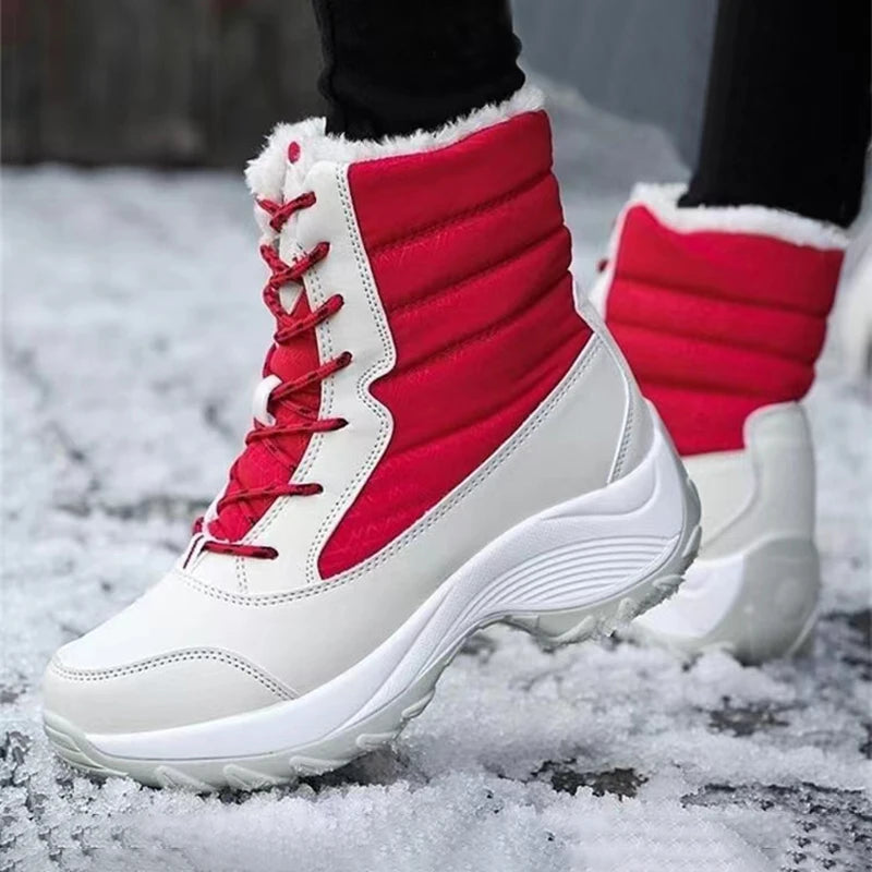 Women's lace-up winter snow boots, red and white with plush fur trim