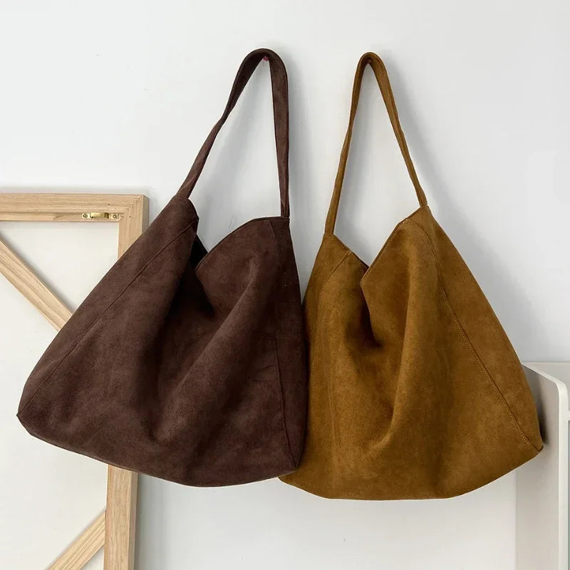 Set of suede-look underarm tote bags in dark brown and olive-brown