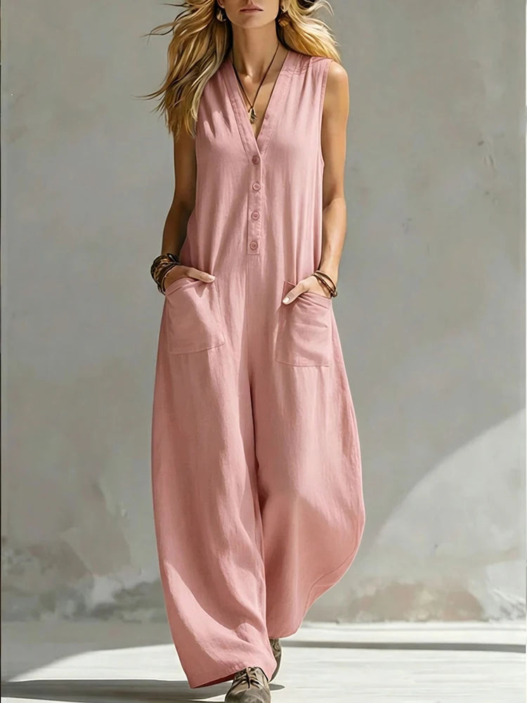 Women's pink sleeveless V-neck button jumpsuit with patch pockets, wide-leg