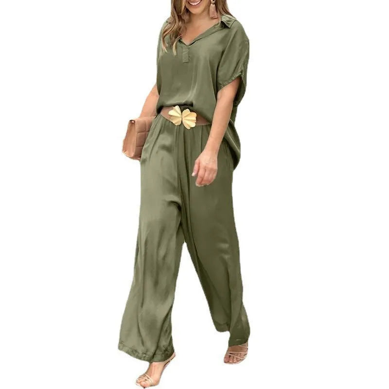 Office Casual Short Sleeve Shirt and Wide Leg Pants