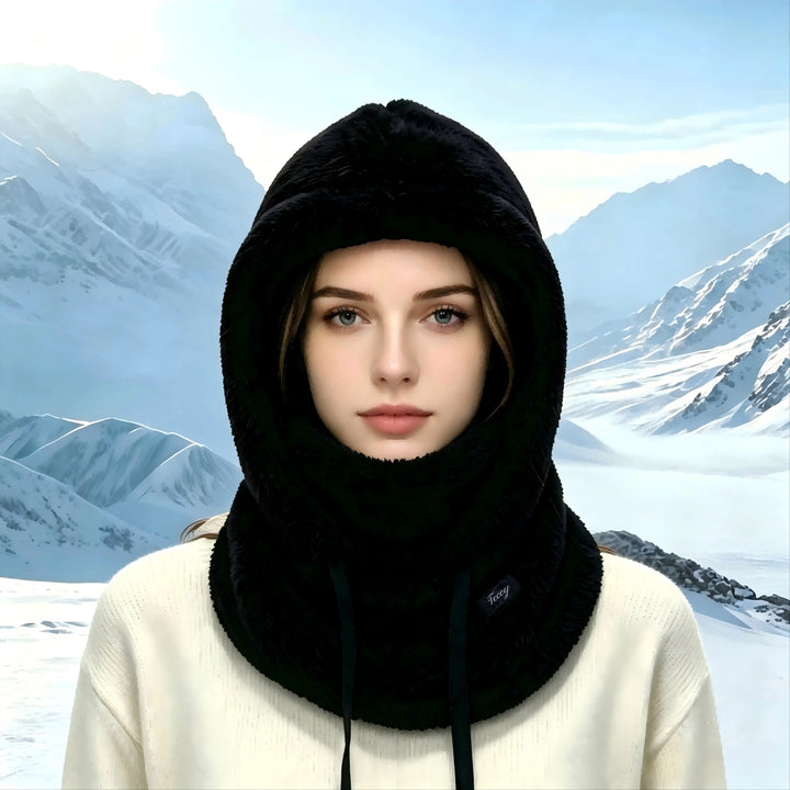 Black plush polar fleece hood beanie with face mask and long drawstring ties