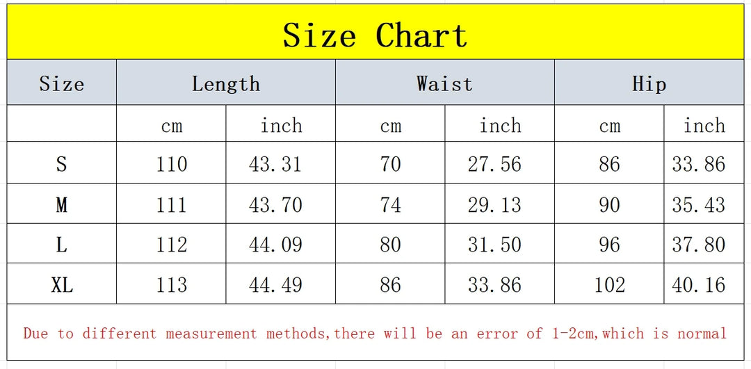 Size chart table with length, waist, and hip measurements in cm and inches