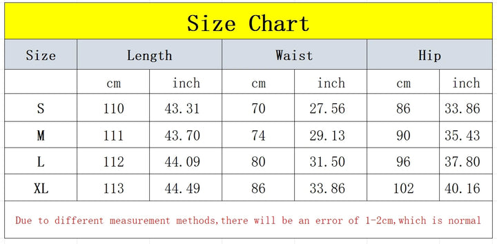 Size chart table with length, waist, and hip measurements in cm and inches