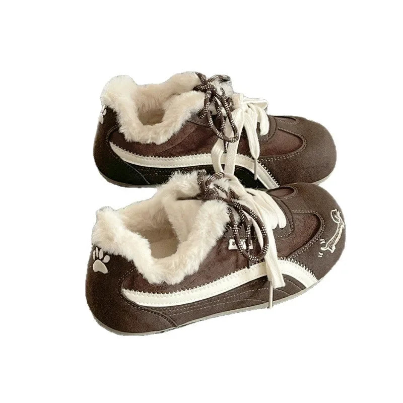 Brown suede lace-up platform sneakers with plush faux fur lining and white rubber sole