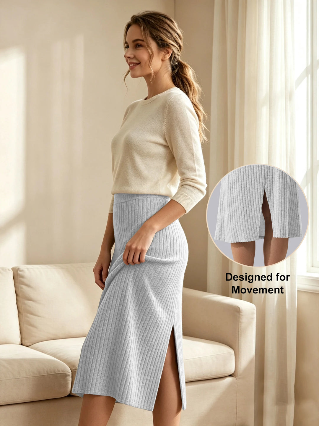 Side view of a light gray ribbed knit skirt with a high waist and side split.
