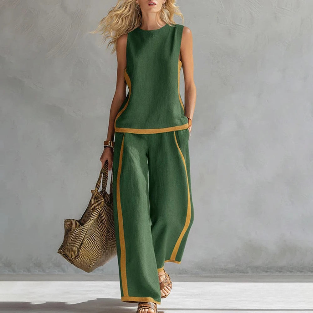 Green sleeveless tank and wide-leg pants set with contrast yellow trim.