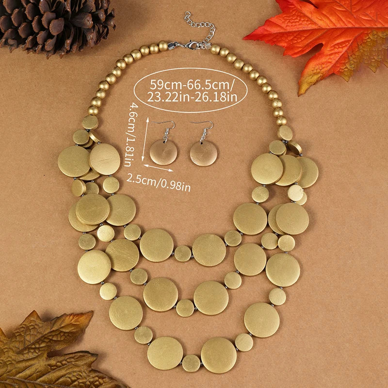 Gold-tone multilayer disc beaded necklace with matching round dangle earrings