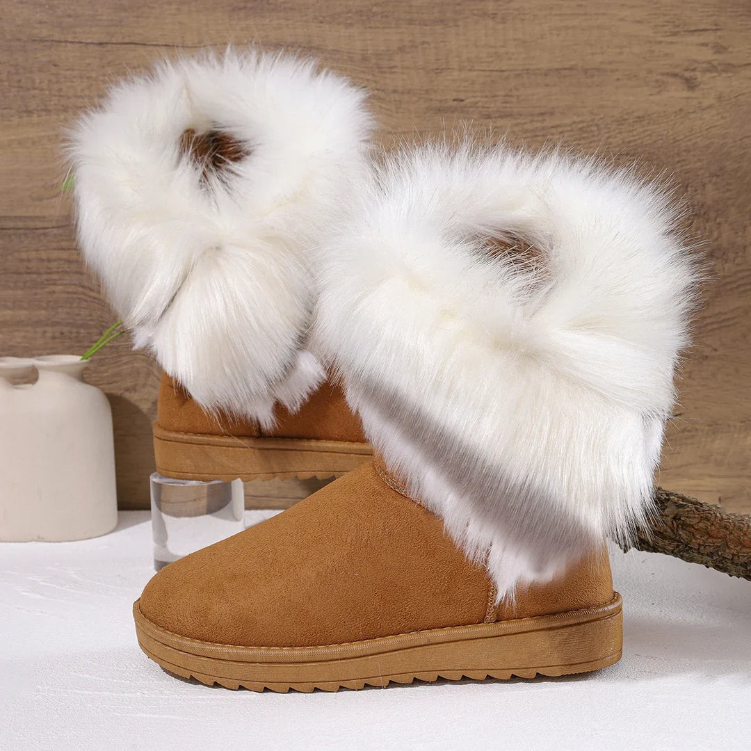 Women’s mid-calf slip-on winter boots, tan suede with white plush fur trim and thick sole