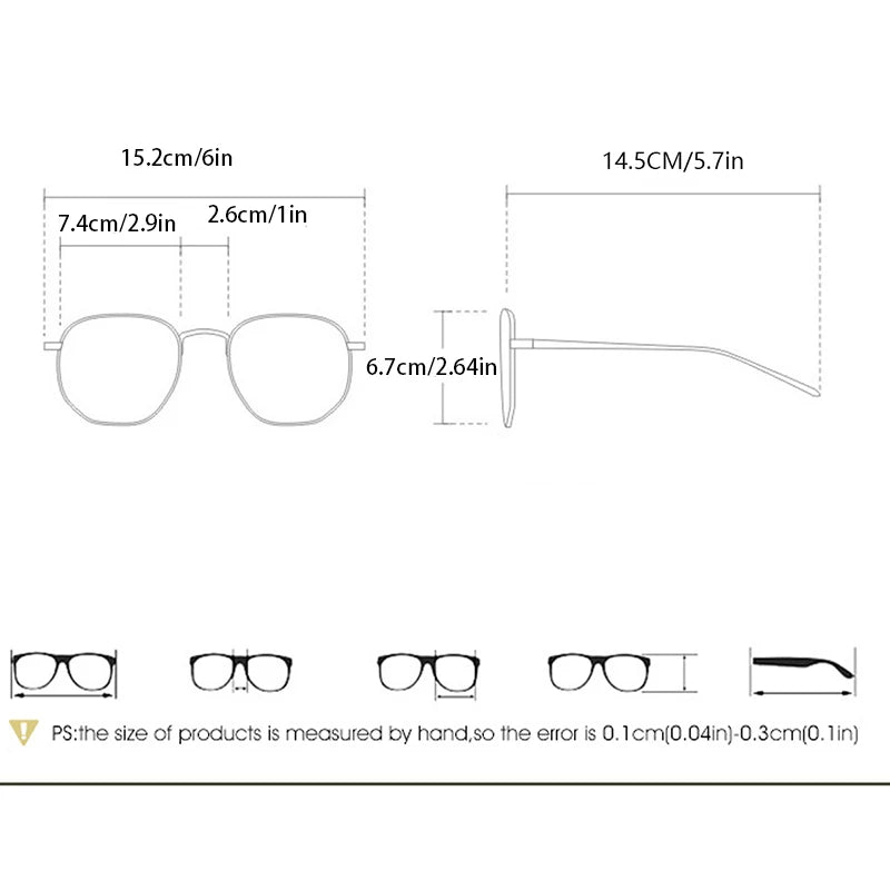 Measurement chart of a pair of glasses with dimensions in centimeters and inches.