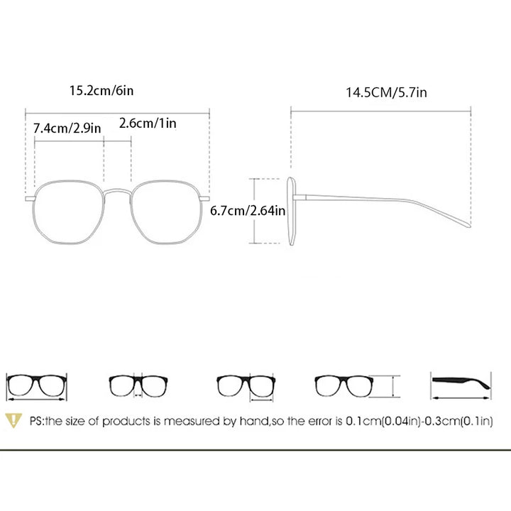 Measurement chart of a pair of glasses with dimensions in centimeters and inches.