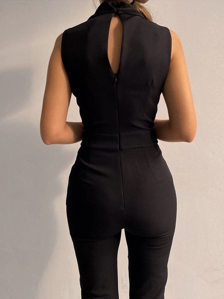 Button Decor Deep V-Neck Lace-Up Office Bodycon Jumpsuits