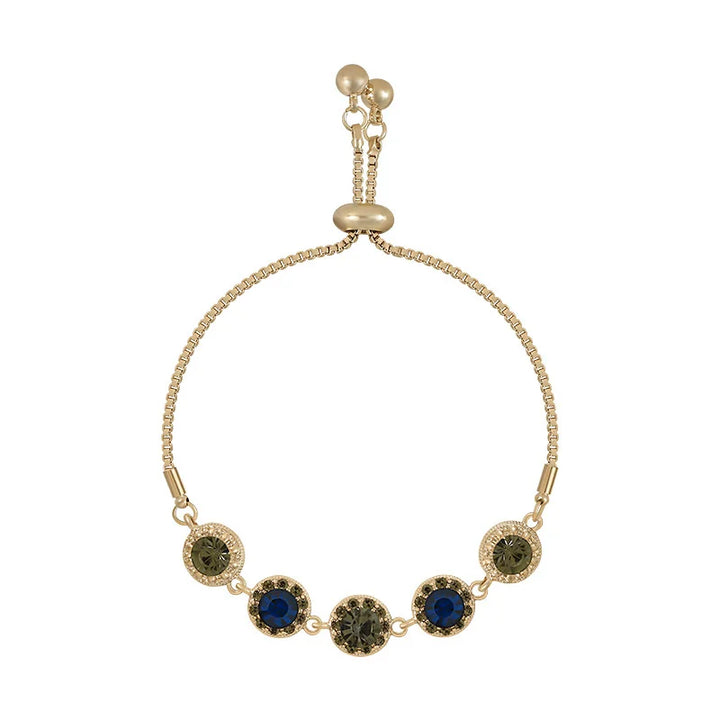 Gold-tone chain bracelet with round green and blue zircon-like stones