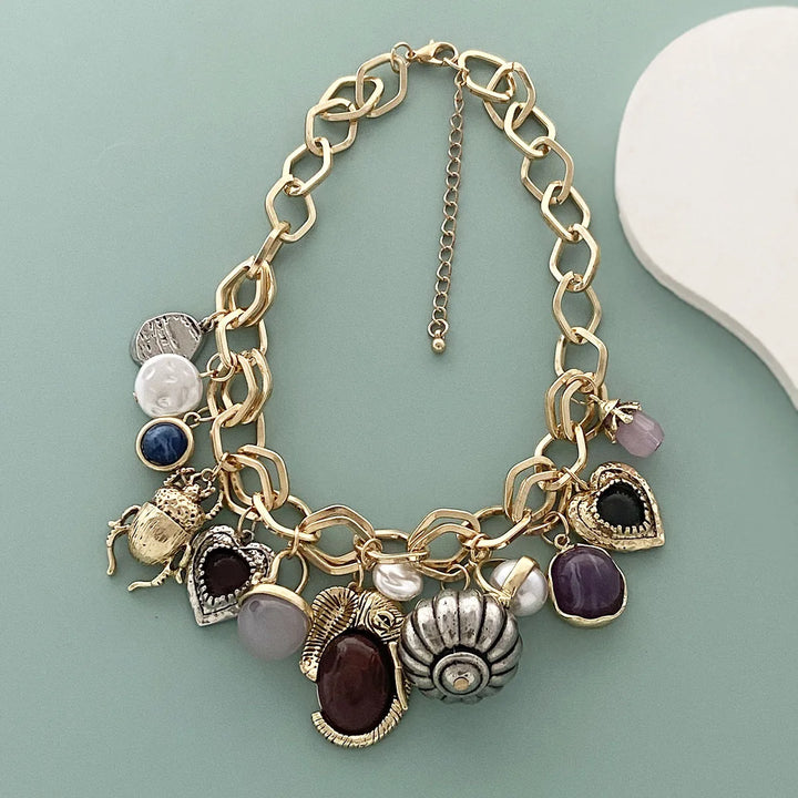 Women's Necklaces - Retro Shell Heart Stone Pendant Choker Gold Silver