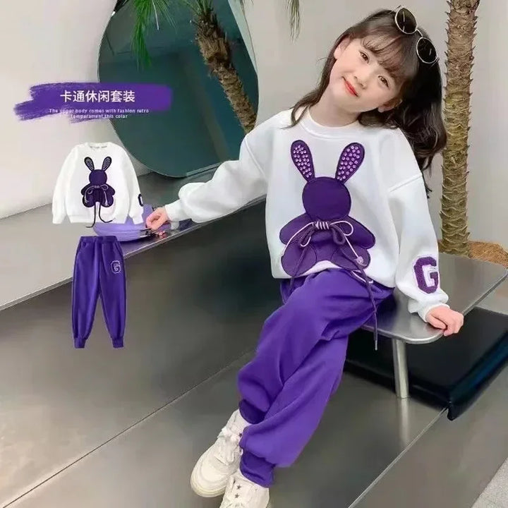 Cartoon Rabbit Bowknot Pullover and Bow Pants Tracksuit