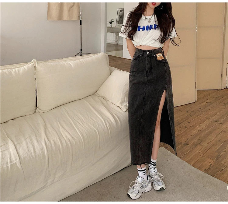 High Midsection Side Cut Long Denim Skirts