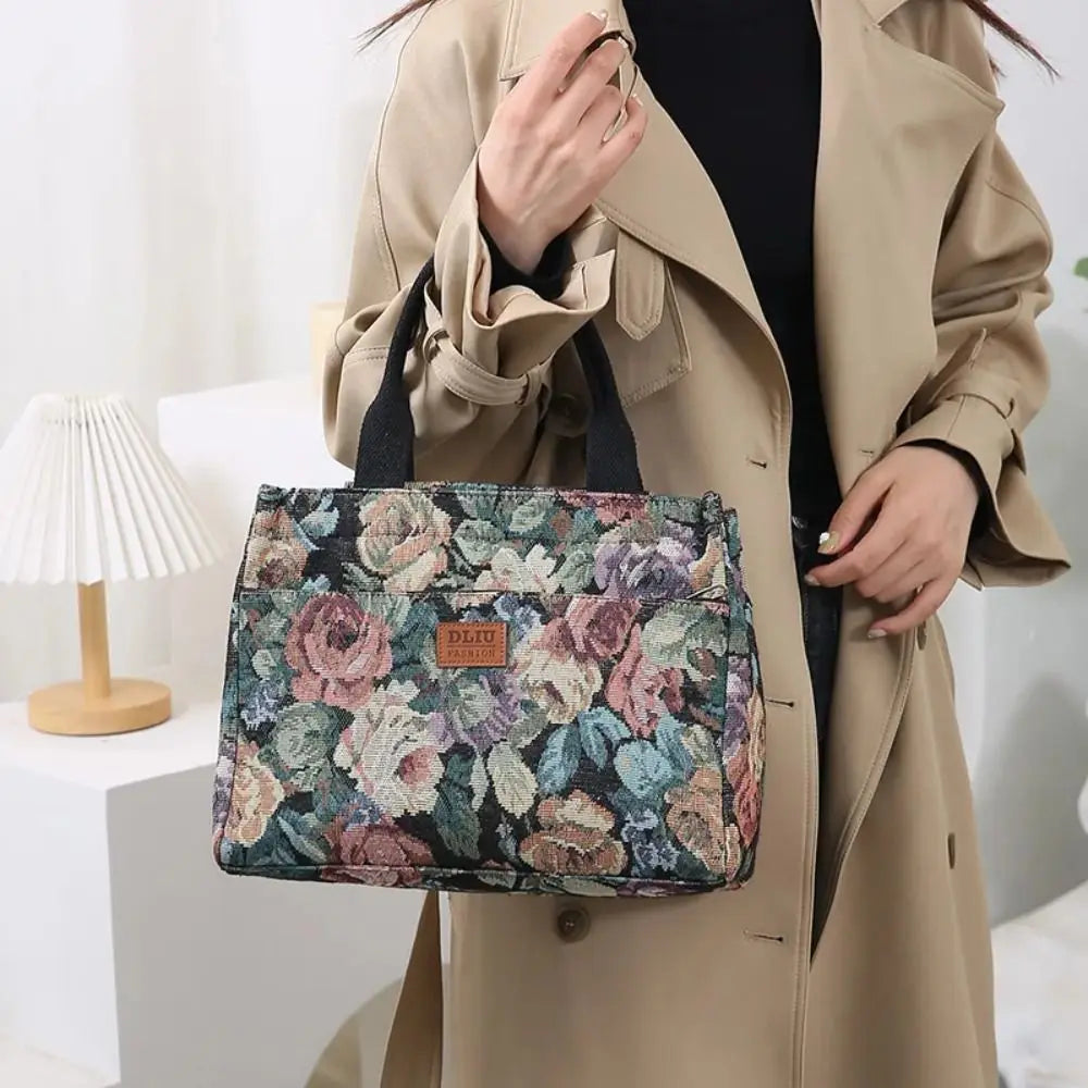 Floral Canvas Zip Tote With Jacquard Detail & Large Capacity