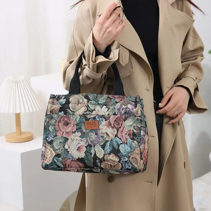 Floral Canvas Zip Tote With Jacquard Detail & Large Capacity