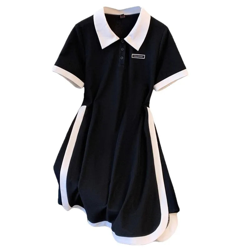 Black polo dress with white collar, short sleeves, button placket
