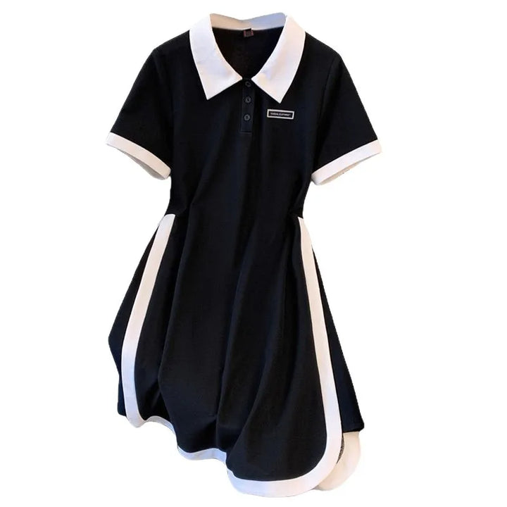 Black polo dress with white collar, short sleeves, button placket
