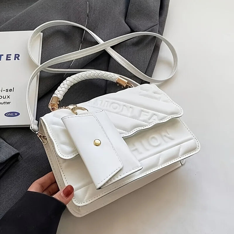 Women’s quilted crossbody bag in white with braided strap and mini coin pouch