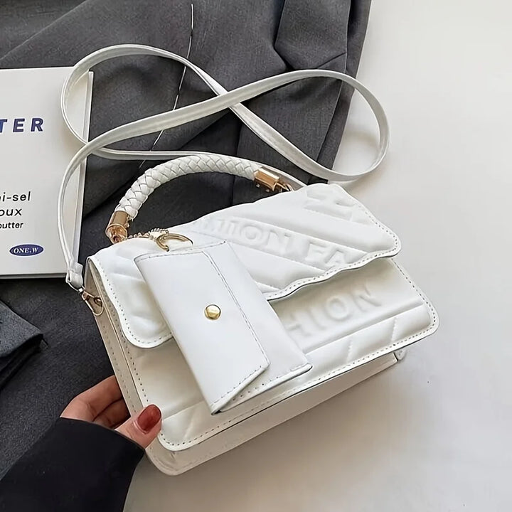 Women’s quilted crossbody bag in white with braided strap and mini coin pouch