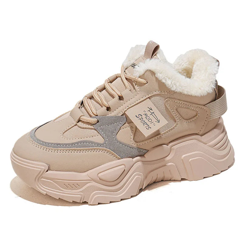 Women's fleece-lined lace-up snow sneaker, chunky tread, beige