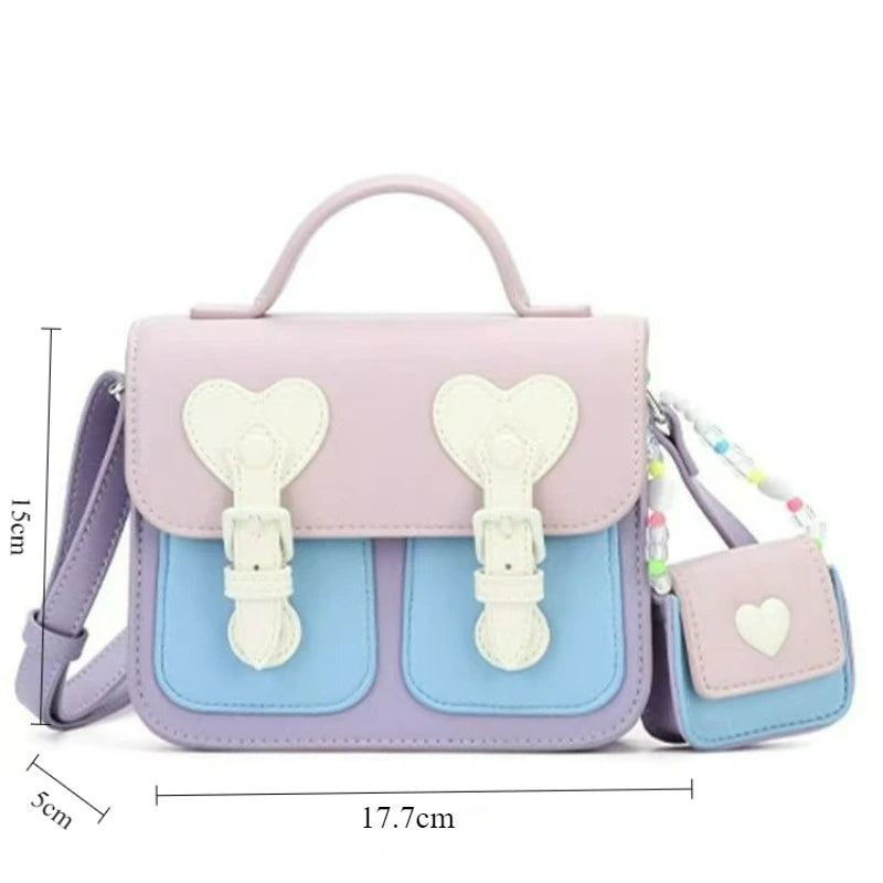 Pastel women’s shoulder handbag set with heart front flap and small side pouch