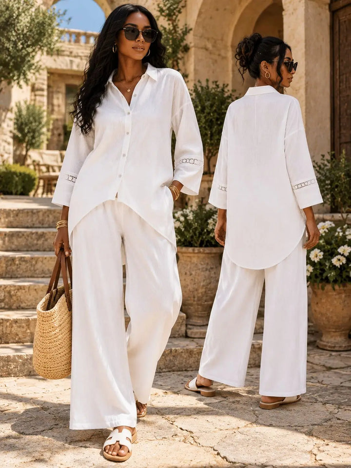 Ivory wide-leg pant set with button-front shirt, lace-trim sleeves and curved hem, front and back views